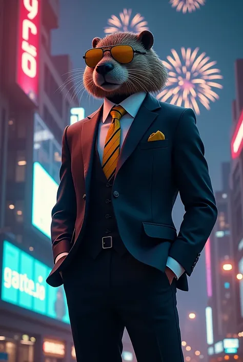  I want to make a man perfectly dressed , Slim feat ,  yellow tie with black stripes ,  beaver head with dark golden Oakley lenses,  in a very modern city ,  at night and in the sky you can see fireworks ,  in a building it reads CYBRO in Amarillo,  black ...