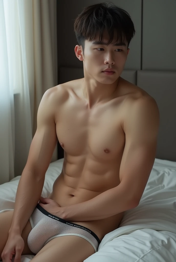 (Photorealism:1.2), Handsome Korean young boy, About , shirtless, mesh underwear, bulging crotch, sexy. Wavy abdominal muscles,He is a pervert.., kissing with sexy korean guy, He was lying on the bed and his whole body was covered in semen..