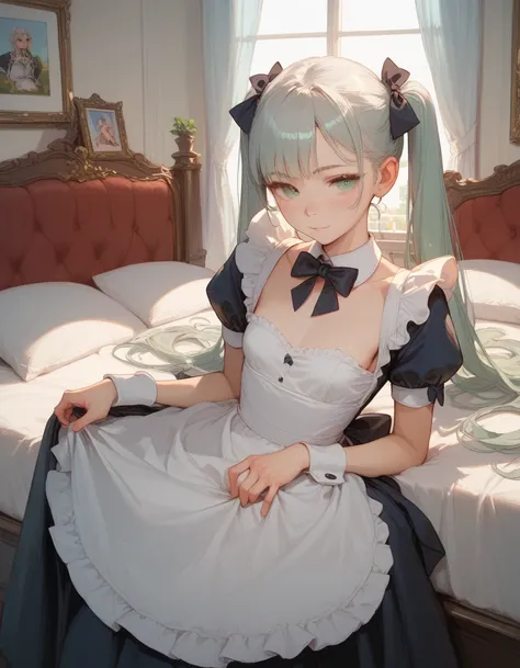 ((best quality)), ((masterpiece)), (detail), 1 girl, 18 yo, silver hair, twin tails, light green eyes, slim, small breasts, smil, maid costume, bedroom, nsfw