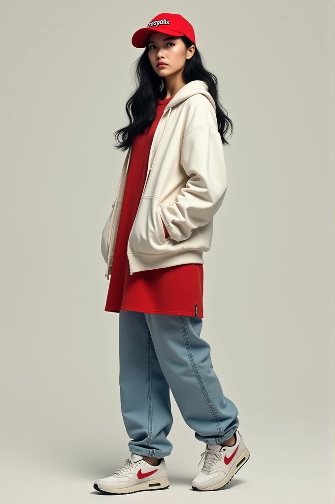 A real-life photo of a 20-year-old girl with fair, soft skin, long black hair, wearing a white hoodie and a red dress under the hoodie, mom-style jeans, Nike shoes, and a red tennis cap with the word Persepolis written on it. The girls body is not naked.