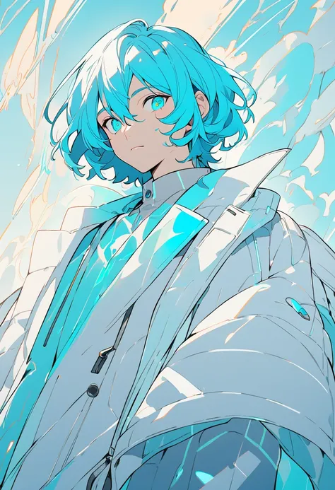  A male character with medium hair of a vibrant shade of cyan , slightly messy, but with a natural style .  Your eyes have the same cyan shade ,  shining brightly ,  as if reflecting an internal light .  Your skin is clear and slightly illuminated ,  highl...