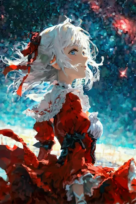 White-haired girl in red Gothic Lolita clothes in space with a beautiful starry sky　anime