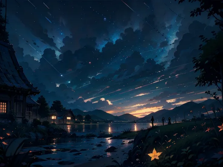 lake , lake面は星空を映す鏡のよう , masterpiece, 8k,   anime girl watching the sky, Midnight Sky, There are many stars in the sky , Beautiful sky,  beautiful girl,   knight ,  Beautiful World  ,  bright world  ,Earth illuminated by a beautiful starry sky