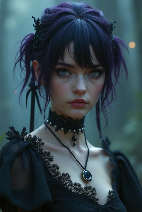 Valor deep dark purple short hair and brown eyed beautiful slavic happy gothic Woman with sign "SIN" on her neck with the white ribbons in her hair whitch wearing weavery milk whie colour wicked laced gown holding ornamental Laced hand ornamental wooden fr...