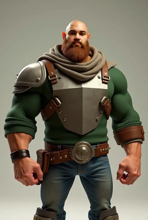 Pixar-inspired 3d man 37 years old white , bald, with breastplate, strong,  with beard and scarf tied around his wrist with green sweater and jeans 