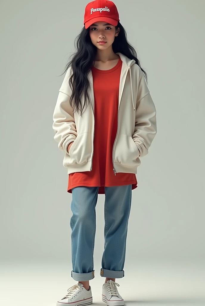 A real-life photo of a 20-year-old girl with fair, soft skin, long black hair, wearing a white hoodie and a red dress under the hoodie, mom-style jeans, Nike shoes, and a red tennis cap with the word Persepolis written on it. The girls body is not naked.