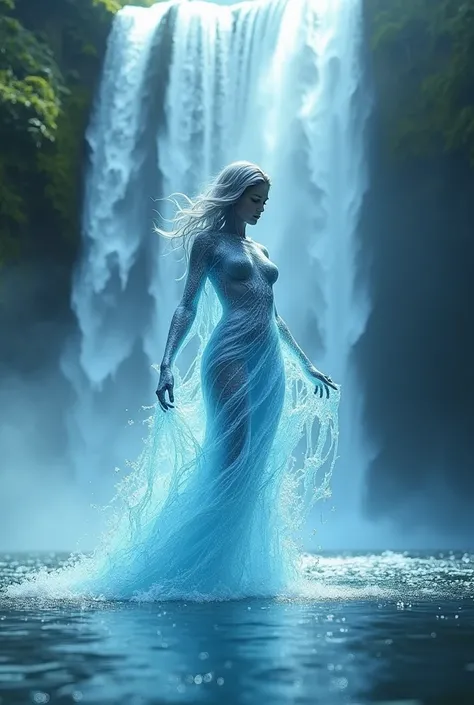 A woman made entirely of water, made of water, translucent figure made from water, merged with the waterfall, part of the waterfall, her form flowing and transparent, seamlessly merging into a magnificent waterfall. The womans features are delicate, with f...