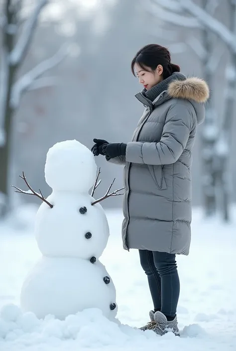 Forty-year-old pregnant Korean woman making a snowman, Im wearing a one-piece dress and a short padded jumper