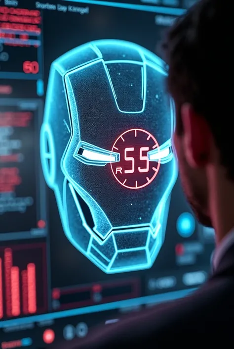 " Holographic vision of Iron Mans helmet , with a highlighted stopwatch marking 00 :55.  Lines of code and red alerts fill the screen as he quickly analyzes what to do."