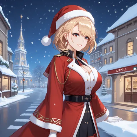 A woman wearing a red kimono with yellow details, with Christmas aesthetics, Christmas hat, red eyes, blonde hair, short hair, big breasts, white gloves, standing, Big Ben tower behind, on a concrete sidewalk, place of night with Christmas aesthetics, snow...