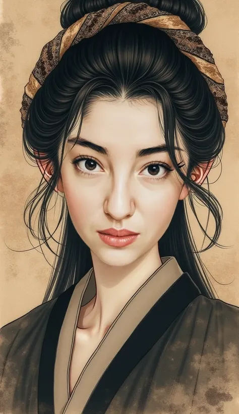 A realistic Sumie or suiboku style eye-level portrait of a beautiful, smiling woman staring at the artist, breaking the fourth wall, she is pale skinned and her hair is covered by a finely patterned satin scarf, almond eyes, 
and with a beautiful finely cr...