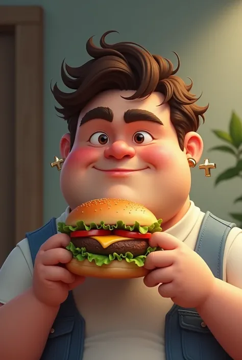 Generate an image of a chubby medium-weight man with brown hair and a white skin tone eating a hamburger and make him some cross-shaped earrings
