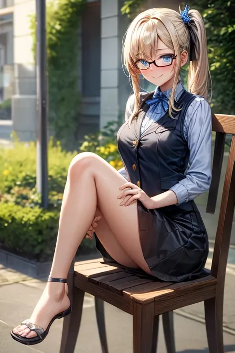 ((best quality)), ((masterpiece)), (detailed), 1 girl, full body, 20 years old, smiling, young adult, medium breasts, blue eyes, glasses, blonde hair, straight hair, somewhat long hair, side ponytail, bangs, 2 star-shaped hair ornaments, blushing, blue shi...