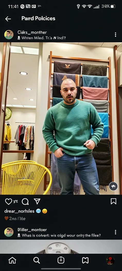 Pixar-inspired 3d man 37 years old white , bald, with breastplate, with a beard and with a handkerchief tied around the wrist with a green sweater and jeans 