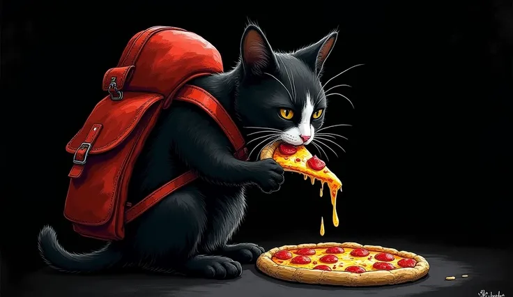 a cat with above all and backpack eating a pizza, style: The artwork features a surreal, emotionally intense aesthetic with a stark black background serving as a dramatic canvas. The visual elements are illustrated using sketchy, textured lines, exuding a ...