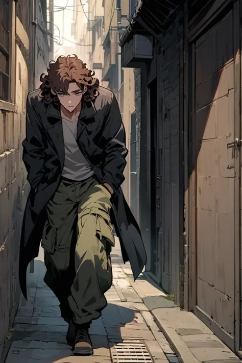 Young man, messy brown hair, curly hair, large white turtleneck, cargo pants, short, lanky, boy, vampire, hair covering, long read and black coat, alleyways 