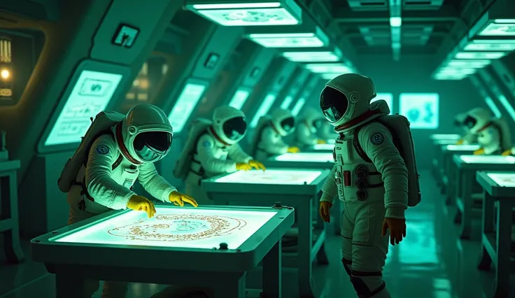 "A scene of astronauts exploring an alien biotechnology laboratory ,  where aliens are manipulating genetic samples on benches illuminated by green and blue lights.  ultra realistic image , 4K, cinematic."