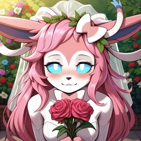 Tender expression, 1girl, anthro, furry, fur, fluffy fur, fluffy big fluffy pink tail, sylveon girl, pink hair, medium/long hair, soft/messy hair, (19 years), white eyes, blue sclera, glowing eyes, medium breast, thicc thighs, lots of hearts, (flower garde...