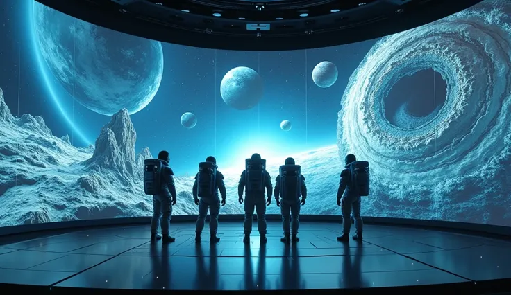 Astronauts watching a technological demonstration in a large room with holographic projections showing the topography and biodiversity of various planets visited by aliens.  ultra realistic image , 4K, cinematic."