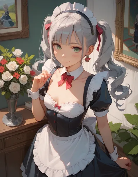 ((best quality)), ((masterpiece)), (detail), (nsfw:1.5), 1 girl, 18 yo, silver hair, twin tails, light green eyes, slim, smile, small breasts, maid costume