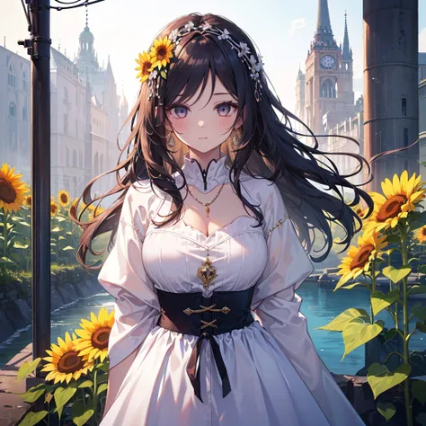 ( One Girl :1.2), ( long dark hair :1.2), ( dark eyes:1.2), (Whitening:1.2), 
( height 148 cm:1.2), (Bust 80 cm :1.2), ( waist 56 cm:1.2), (Hips 56 cm :1.2), 
(human:1.2), (:1.2), 
 beautiful crystal eyes  ( Eye details ), 
Sunflower hair accessory, Baroqu...