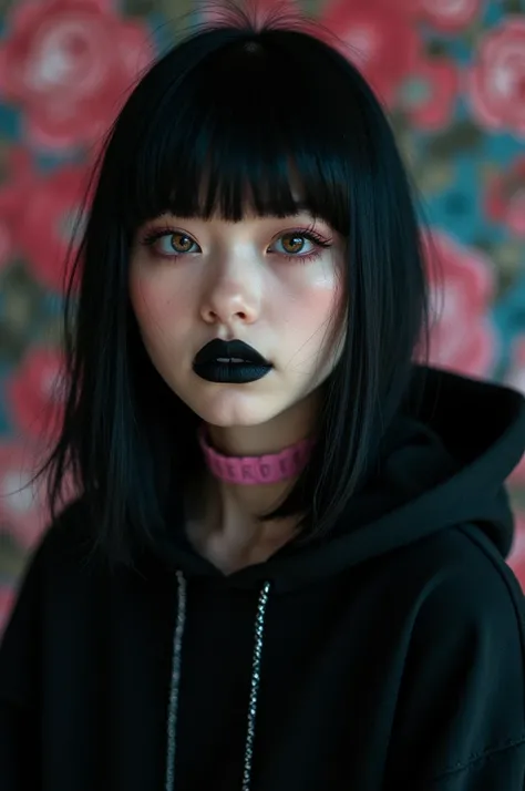 8k quality, masterpiece, best quality, detailed background, Intricate details, Chromatic Aberration, woman, looking at viewer, black hair, blunt bangs, black hoodie, black lipstick, black walls, pink choker