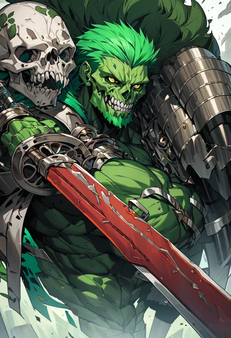 a skull being that is physically strong but has no muscles and only bones, carrying a barbarians sword, bright green afro hair, noble clothing with barbarian features, 8k high definition