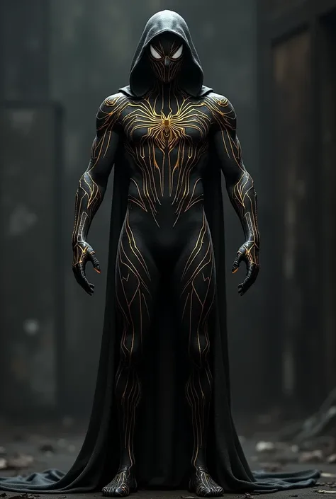  Generates a black Spiderman costume with golden lines , that has a hood like the ghost-spider costume that covers part of his face, Eliminate the mask ,  that uses a mask that looks like a spiders fangs 