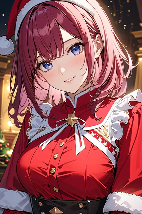 ((top quality)), ((masterpiece)), (  Details),    high definition  ,   perfect face,   Detailsed eyes,    beautiful eyes ,   CINEMATIC LIGHTING  ,   1 beautiful girl  , Victoria blouse, Gorgeous embroidery, medium breasts,  Christmas、(((  Santa costume wit...