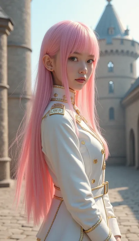 Japanese female teenager 、Pink straight long hair、Military uniform with gold thread embroidery on pure white 、 Includes white boots 、The background is in front of a medieval European-style castle、 high definition 、 Realistic、 biologically correct、 from top...