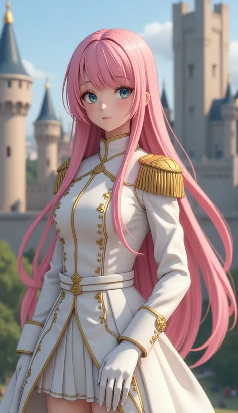 Japanese female teenager 、Pink straight long hair、Military uniform with gold thread embroidery on pure white 、 Includes white boots 、The background is in front of a medieval European-style castle、 high definition 、 Realistic、 biologically correct、 from top...