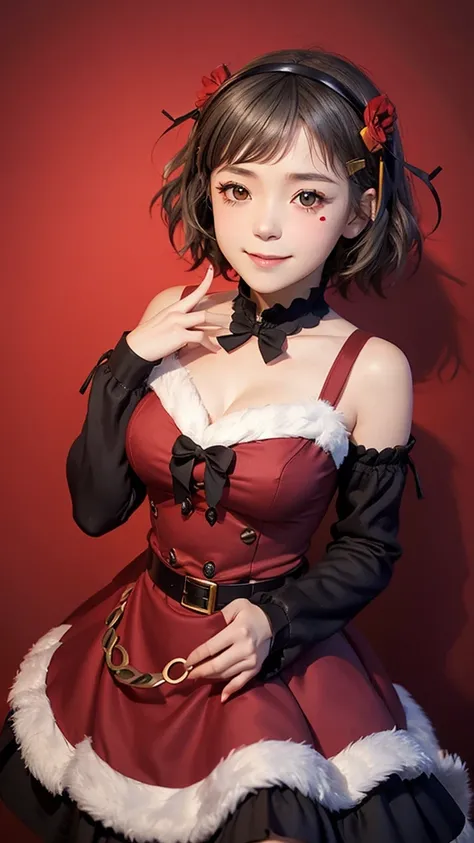 (((solo))), 1 woman, Sakuya Kurobane, sakuyaunif, kurobane_sakuya, (brown eyes), short hair, grey hair, black hairband, blue hair flower, red eyeliner, blush, smile, beautiful chest, medium chest, (upper body), santa claus