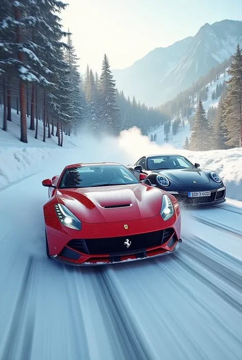 ferrari and porsche 911 gt parading next to each other racing on the snow track the ferrari crashes and overturns