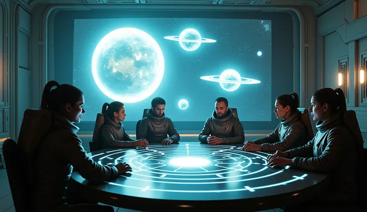  A scene of astronauts in a strategic planning room with aliens,  where holographic maps of the solar system and distant planets are projected , discussing future missions .  ultra realistic image , 4K, cinematic."