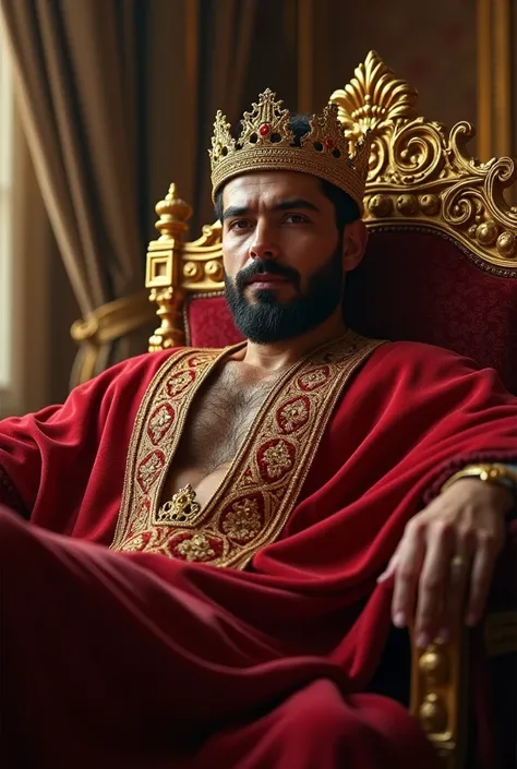 The Iranian king is in a very luxurious palace, without a beard or mustache, wearing a golden royal crown, wearing red clothes, and leaning on a royal throne.