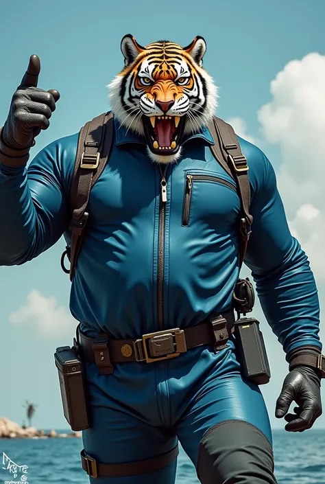 (A rugged beefy extremely muscular bulky old man), (wearing blue zipper wetsuit), (wearing realistic roaring tiger mask), thumbs up pose, wearing bulky scuba gear, very muscular physique, toned muscles, fierce, heroic, action, comic artstyle, bulky best qu...