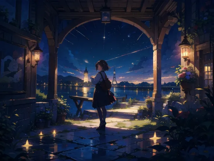 Detailed illustrations ,  Official Art  ,  highest image quality taken by Ki ,  Detailed illustration  ,  lake , lake面は星空を映す鏡のよう , masterpiece, 8k, Girl looking at the sky ,  Girl with natural brown bob short ,Midnight Sky, There are many stars in the sky ...