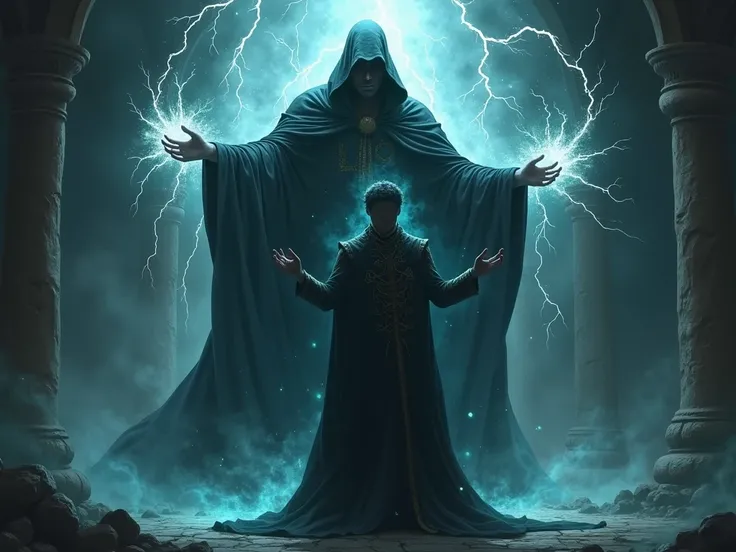 The jealous sorcerer casting a curse, avec des éclairs et une aura sombre enveloppant le prince.