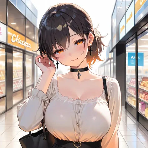 blouse, choker, adjusting hair, cute girl, solo, short hair, ponytail hair, Black hair with brown ends, orange eyes, large breasts, cross Pierced earrings, blush, flawless smooth skin, looking at viewer, light smile, head tilt, half closed eyes, A tote bag...