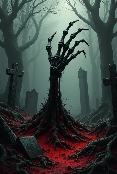 Metal album cover with a scary skeleton hand coming out a grave