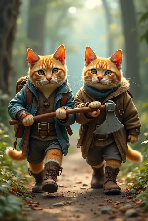 Create two realistic cats in boots walking with an axe in their hand/IMG_1025.HERE