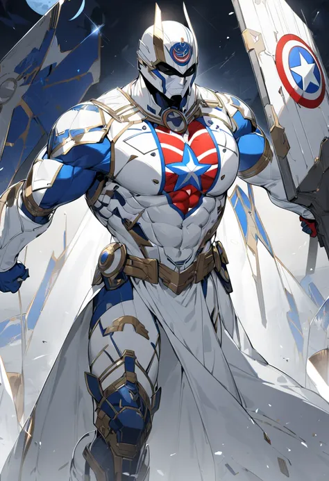 an Egyptian super soldier with a white cape, using a white and gray shield, a Captain America physique, has a waning moon symbol on his chest, 8k high definition