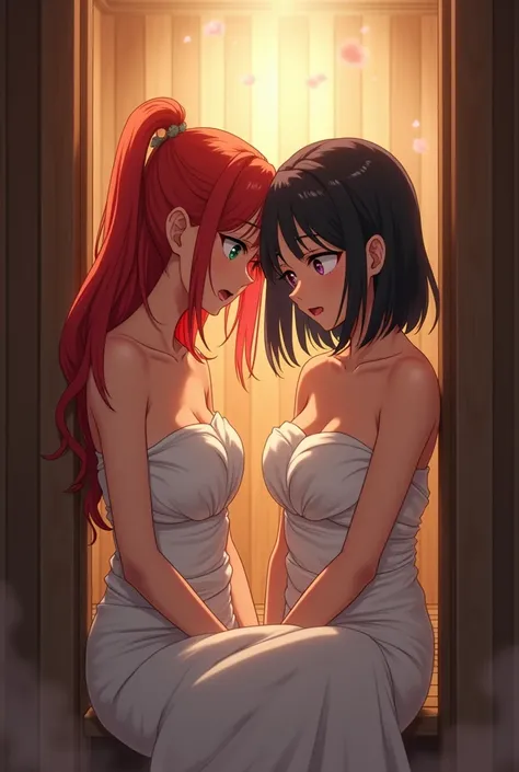 a woman with red hair and another with black hair, both wrapped in towels, inside a small sauna with an open door, feeling embarrassed, anime style, highly detailed, 8k, photorealistic, dramatic lighting, warm colors, steam effects, realistic skin textures...