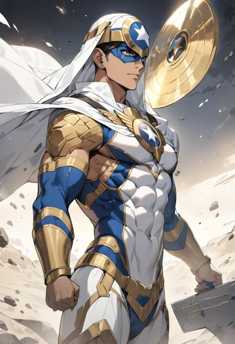 an Egyptian super soldier with a white cape, using a white and gray shield, a Captain America physique, has a waning moon symbol on his chest, 8k high definition