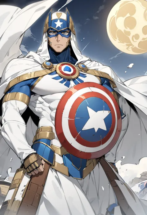 an Egyptian super soldier with a white cape, using a white and gray shield, a Captain America physique, has a waning moon symbol on his chest, 8k high definition