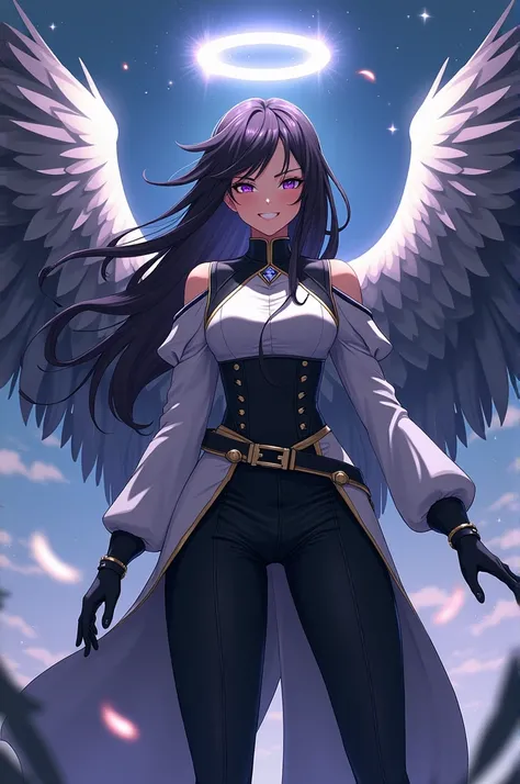 Female, 25 Years Old, Short, Athletic. Dark Skin. Long Black Hair. Purple Eyes. Wings with White and Black Feathers. White halo on top of her head. Black and White Medieval Military Uniform, Black Pants, Long Sleeves, Baggy Suit. Big smile on her face. Fal...