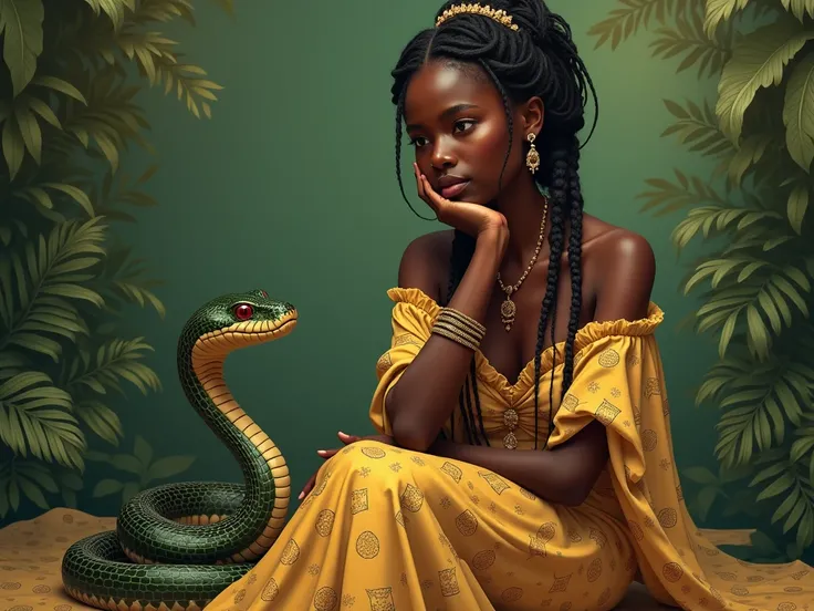  Aissatou la princesse sénégalaise assise près du serpent, une main posée sur son menton, Deeply thinking.