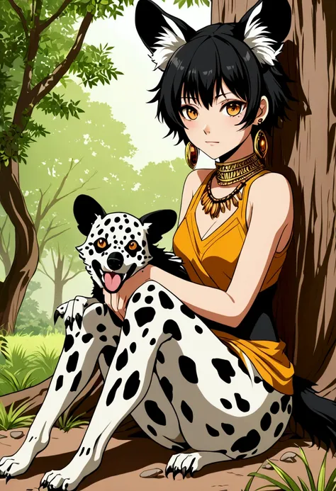 anime style but a bit more realistic, female, human, with tail and ears of African Wild Dog, amber eyes, the earring in her dogs ears are made of bones, instead of feet she has paws that are covered with her spotted fur, sharp claws on her hands, short bla...