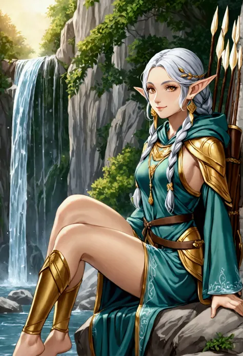 Woman elf: Gold sclere, lined eyelashes, mole under the left eye, silver hair tied in 5-strand waterfall braid, elf ears, serene smile, slightly athletic physique, medium breats, gray priestess hooded tunic with gold details, silver earrings, silver coin s...