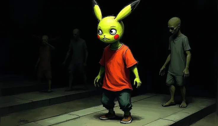 pikachu pulando em um trampulim, 
style: a striking, surreal illustration against a stark black background. At the center is {prompt} drawn with sketchy, textured lines and a pale green face, conveying an expression of wide-eyed unease or introspection. Th...